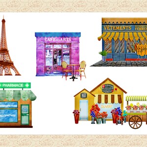 May include: A watercolor illustration of a Parisian street scene with various shops and a flower cart. The shops include a pharmacy, a cafe, a clothing store, and a bakery. The flower cart has a sign that says "Bonjour".