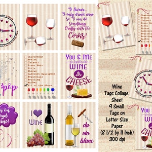 Folha de colagem de etiquetas de presente de vinho, palavras para festa de vinho, criação de cartões de presente, 9 etiquetas em papel tamanho 1 carta, impressão e corte, diários de lixo, comercial OK