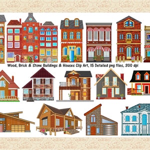 Edifícios/Casas de Madeira, Tijolo e Pedra Clip Art, Edifícios Detalhados, Arquitetura, Edifícios da Cidade, Casa Clip Art, Criador de Cidade, Comercial OK