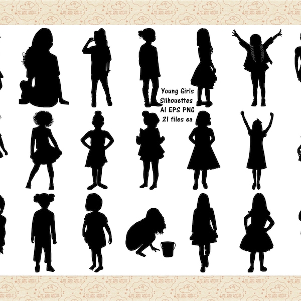 Little Girl Silhouettes AI EPS (Vector) & PNG (No SvG Files) Girl Clip Art, Children, Child, Girl Toddler, Girl Playing, Ethnic Girl