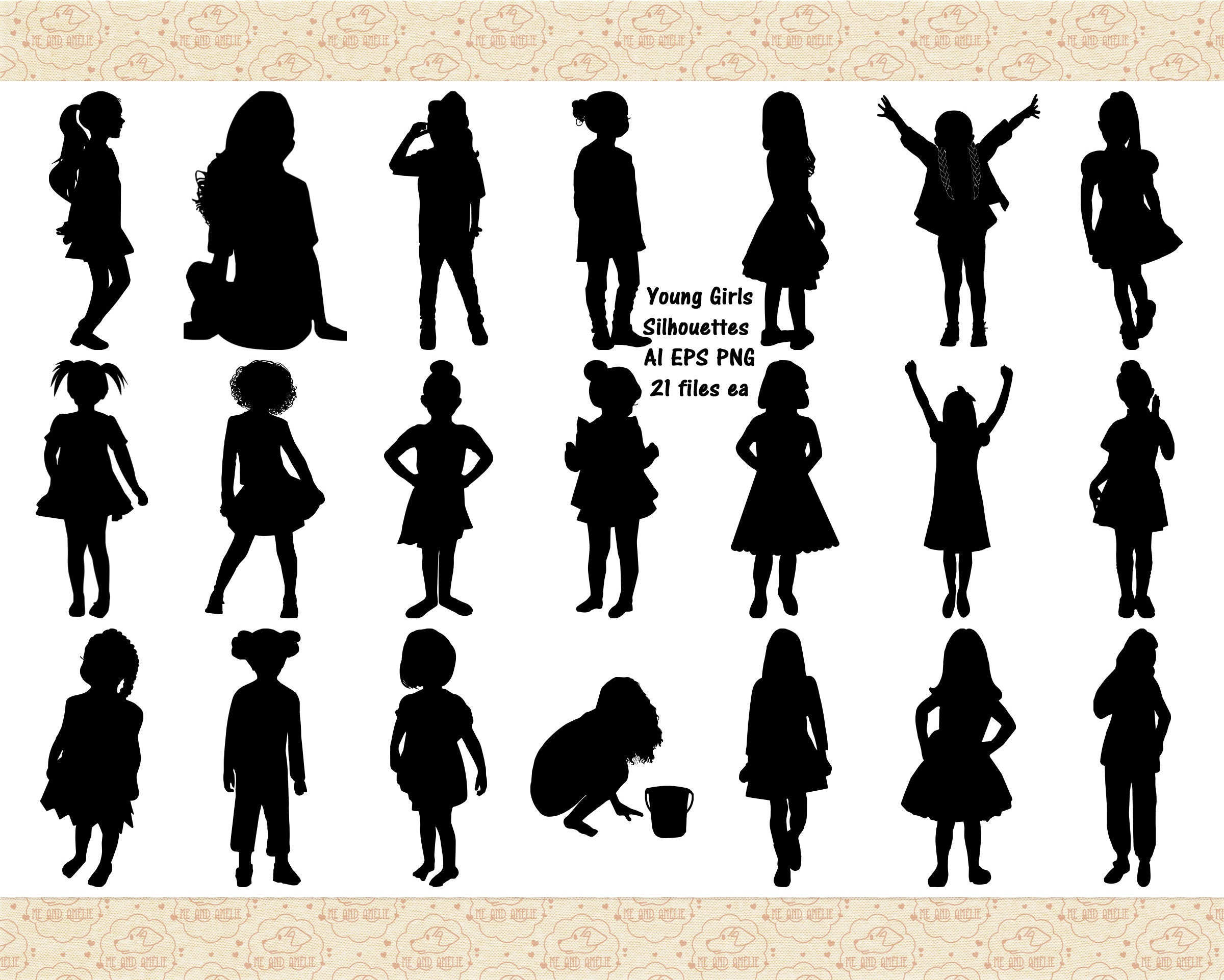 Little Girl Silhouettes AI EPS vector & PNG no Svg Files - Etsy
