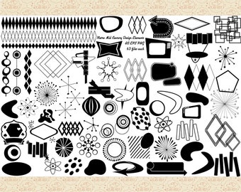 Retro Mid Century Design Elements and Shapes AI EPS Vector (Not SVG files) and PnG, Atomic Age Styles, 1960s Designs, 1950s Modern Art