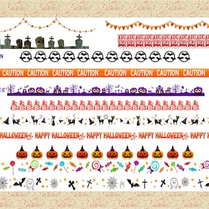 May include: A set of 13 Halloween themed digital clip art images. The images include borders, banners, and individual elements such as pumpkins, bats, ghosts, candy, and stars. The images are in a cartoon style and are perfect for creating Halloween crafts, cards, and decorations.
