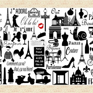 Paris/French Elements AI EPS (No SVG) PnG Files, Eiffel Tower, Parisian Monuments, Notre Dame, French Word Art, Paris Skyline, French Food