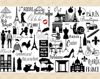 Paris/French Elements AI EPS (No SVG) PnG Files, Eiffel Tower, Parisian Monuments, Notre Dame, French Word Art, Paris Skyline, French Food