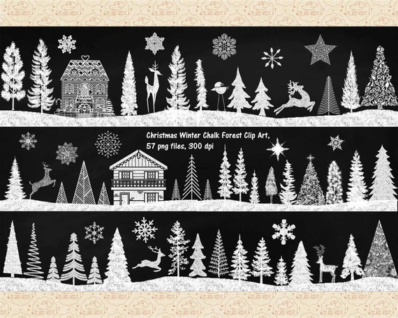 Chalk Christmas Village Forest Clipart, White Chalk Texture