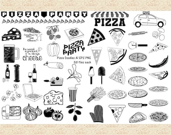 Pizza Doodles Clipart, Pizza Party Graphics (AI, EPS, PNG)