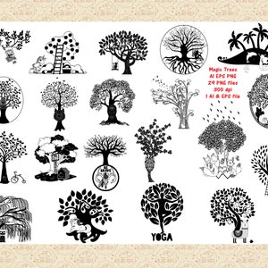 May include: A set of 29 black and white vector illustrations of trees. The trees are in various styles, including whimsical, abstract, and realistic. The set includes a tree with a yoga pose, a tree with a birdhouse, and a tree with a ladder. The set is perfect for use in digital scrapbooking, card making, and other creative projects.