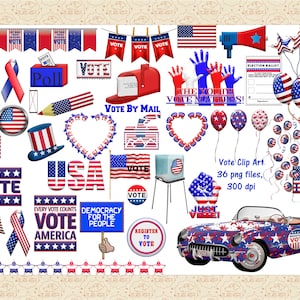Vote Clip Art, EUA Vermelho Branco e Azul, Registre-se para Votar, Youth Vote ClipArt, Vote por Correio, Carro Patriótico, Balões da Bandeira dos EUA, Comercial OK