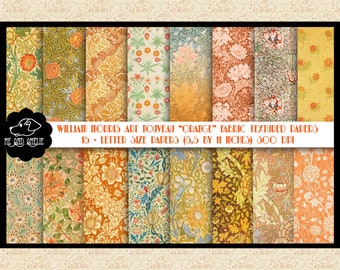 May include: A set of 16 digital papers featuring William Morris Art Nouveau designs in orange, yellow, and green hues. The papers are letter size (8.5 by 11 inches) and 300 DPI.