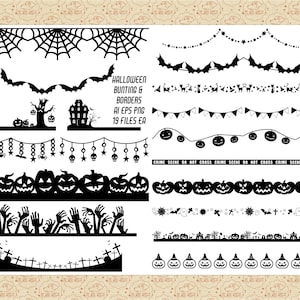 Halloween Bunting & Borders AI EPS PNG (NoSvG) Jack O Lanterns, Haunted House, Zombie Hands, Bat Border ClipArt, Cobweb Bunting, CU0K