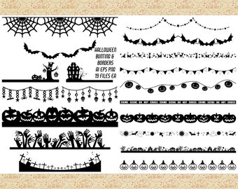 Imágenes prediseñadas de guirnaldas y bordes de Halloween, calabazas talladas, manos de zombi (AI EPS PNG)