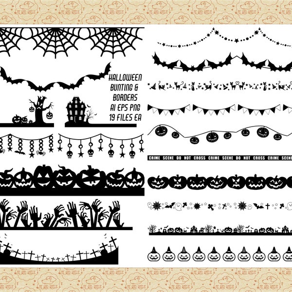 Halloween Bunting & Borders AI EPS PNG (NoSvG) Jack O Lanterns, Haunted House, Zombie Hands, Bat Border ClipArt, Cobweb Bunting, CU0K