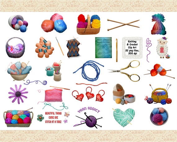 Knitting & Crochet Clip Art, Yarn, Hooks (32 PNG files)