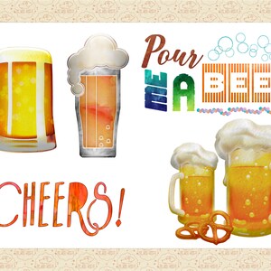 May include: Watercolor illustration of beer mugs with the text "Pour Me A Beer" and "Cheers!" in colorful lettering. The image features a variety of beer mugs, including a classic pint glass, a tall glass, and a stein.
