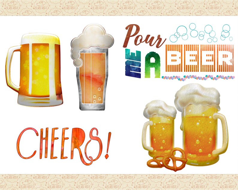 May include: Watercolor illustration of beer mugs with the text "Pour Me A Beer" and "Cheers!" in colorful lettering. The image features a variety of beer mugs, including a classic pint glass, a tall glass, and a stein.