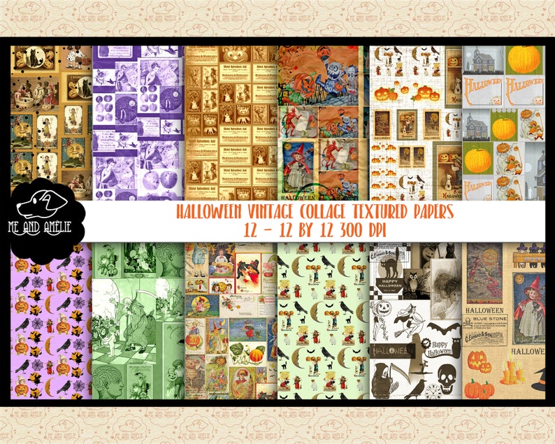 Puede incluir: Doce papeles digitales con un tema de collage vintage de Halloween. Los papeles incluyen im&aacute;genes de calabazas, murci&eacute;lagos, gatos, brujas y otras im&aacute;genes de Halloween. Los papeles miden 30,48 cm por 30,48 cm y 300 DPI.