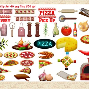 May include: A set of 40 digital clipart images featuring pizza-themed illustrations. The images include various pizza toppings, ingredients, and kitchen tools, such as a pizza cutter, rolling pin, and a pizza oven. The images are perfect for creating digital designs, crafts, and projects.