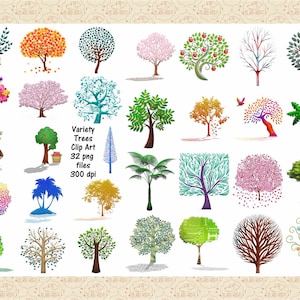 May include: A collection of 32 colorful tree clip art images in PNG format, perfect for digital scrapbooking, crafting, and design projects. The trees are in various styles, including palm trees, pine trees, and deciduous trees. The images are 300 dpi.