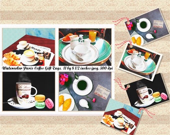 Etiquetas de regalo de café con acuarela de París - JPEG imprimible, arte de café, tema parisino