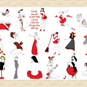 Arte lineal retro de chicas pin up AI EPS (no SvG) PNG, Además de pareja casada, Modernas de mediados de siglo, Pin Ups de los años 50, Dibujado a mano, Chicas Vargas, Comercial 0K