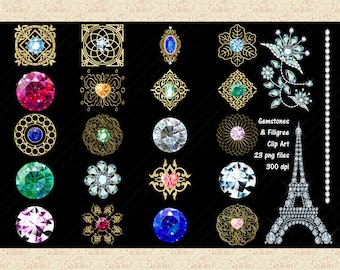 Gemstone & Filigree ClipArt,  Frame, Diamonds Clip Art, Semi Precious Stones, Emeralds, Ornamental Filigree, Colorful Gems, Eiffel Tower