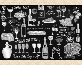 May include: Black and white chalk drawings of wine-related items on a chalkboard background. The drawings include wine bottles, glasses, grapes, cheese, and a barrel. The text "Wine Not?" and "Time to Wine Down" are also included.