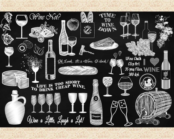 チョークのワインとチーズのクリップアート、黒板へのオーバーレイ