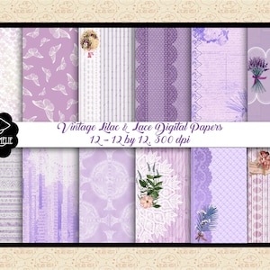 SPRZEDAŻ 99 CENTÓW Cyfrowe papiery vintage w kolorze liliowym i koronkowym, rustykalne tła shabby chic, zniszczone, pismo odręczne, koronkowe i lawendowe, rustykalne