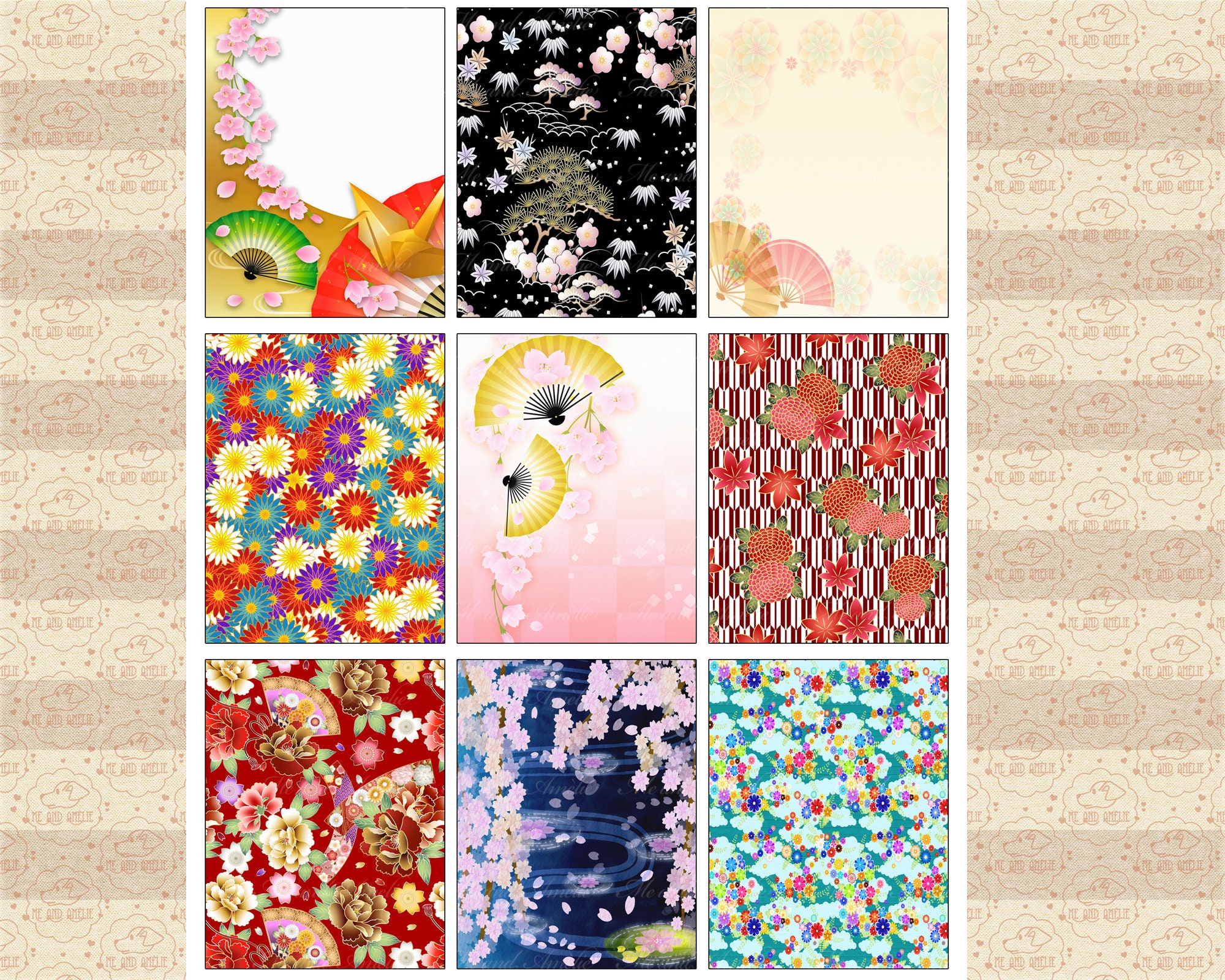 Japanese Pattern Gift Tag Collage, Kimono, Fans (digital Download) - Etsy