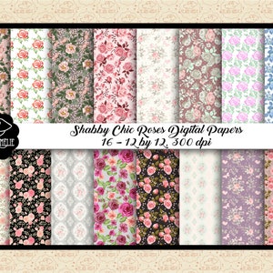 Papéis digitais Shabby Chic Roses, padrões de rosas, rosas e borboletas, papel de parede rosa, cottage chique, fundo de fazenda, comercial OK