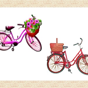 May include: Two bicycles with baskets. The first bicycle is pink with a basket of pink flowers. The second bicycle is red with a wicker basket.