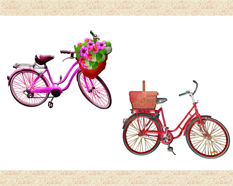 May include: Two bicycles with baskets. The first bicycle is pink with a basket of pink flowers. The second bicycle is red with a wicker basket.