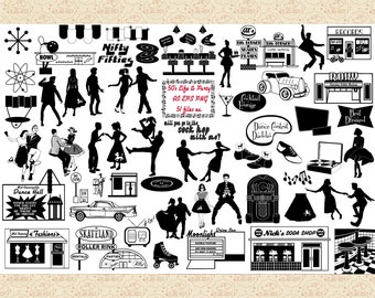Fifties Life and Party AI EPS PNG (niet SvG), Fifties People, Elvis, Marilyn, Sock Hop, Retro moderne ClipArt uit het midden van de eeuw, Atomic Age 1950s