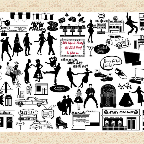 Fifties Life and Party AI EPS PNG (Not SvG), Fifties People, Elvis, Marilyn, Sock Hop, Retro Mid Century Modern ClipArt, Atomic Age 1950s