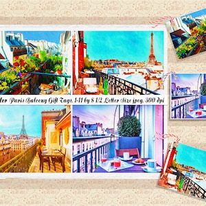 VENTE 99 cents, aquarelle Paris vues depuis un balcon, feuille de collage d'étiquettes pour cadeaux, cartes de remerciement, toits de Paris, Tour Eiffel, Commercial OK