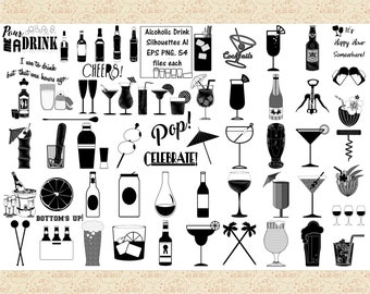 May include: Black and white illustrations of various alcoholic drinks, including cocktails, wine glasses, beer mugs, and bottles. The illustrations are in a retro style and include text such as "Pour Me a Drink", "Cheers", "Cocktails", "Pop! Celebrate!" and "It's Happy Hour Somewhere!"