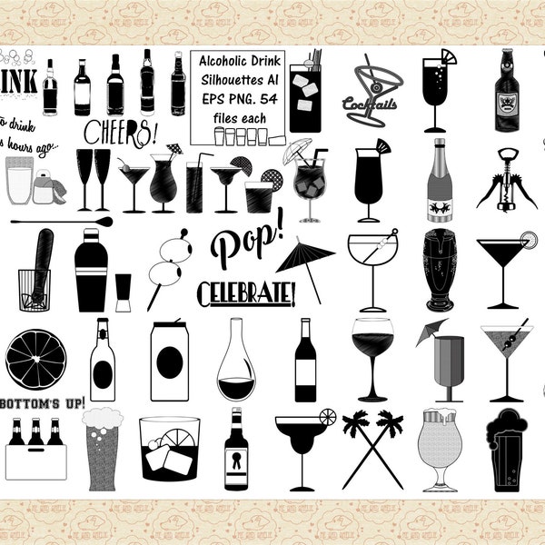 Cocktails Clip Art, Alcoholic Drink Silhouettes AI Vector & PNG (No SVG) Drinking Word Art, Hard Liquor, Wine, Bar Graphics, Funny Quotes