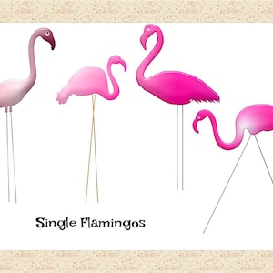 May include: Five pink plastic flamingo yard decorations. The flamingos are standing on metal stakes. The flamingos are all different sizes and shapes. The text "Single Flamingos" is printed below the flamingos.