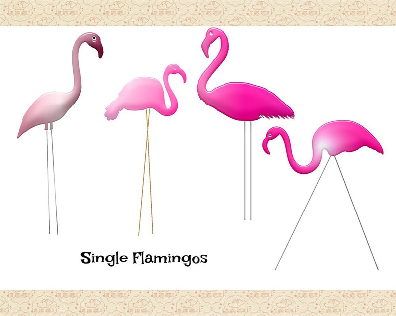 May include: Five pink plastic flamingo yard decorations. The flamingos are standing on metal stakes. The flamingos are all different sizes and shapes. The text "Single Flamingos" is printed below the flamingos.