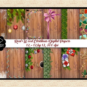 Papéis digitais de madeira real e elementos de Natal, cartão de Natal DIY, presentes em madeira, flocos de neve, Natal de madeira marrom, Natal de fazenda