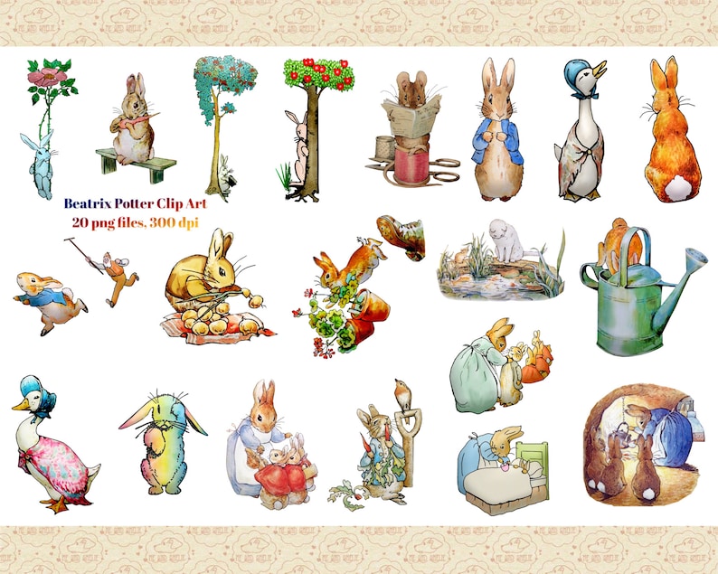 Vintage Beatrix Potter Clipart, Peter Kanin, Jemima Puddleduck (20 PNG-filer) bild 1