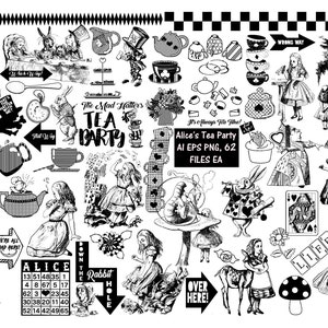Alicia en el país de las maravillas AI Vector y PNG (sin SVG), Fiesta del té de Alicia, Sombrerero loco, Gato de Cheshire, Reina de corazones, Cumpleaños, Fiestas del té, Niños