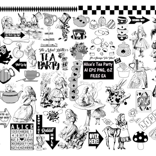 Alice in Wonderland AI Vector and PNG (No SVG), Alice Tea Party, Mad Hatter, Cheshire Cat, Queen of Hearts, Birthday, Tea Parties, Kids