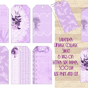 Folha de colagem de etiqueta de presente vintage lavanda, confecção de cartão de presente, 6 etiquetas em um papel tamanho carta, impressão e corte, diários indesejados, OK comercial