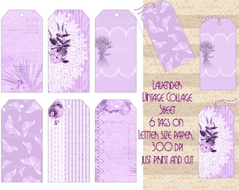 Lavender Vintage Gift Tag Collage Sheet, Gift Card Making, 6 tags on one Letter Size Paper, Print and Cut, Junk Journals, Commercial OK