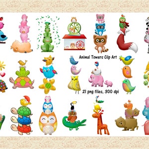 Pode incluir: Um conjunto de 21 imagens digitais de clip art que apresentam torres coloridas de animais. Cada torre é composta por 2-4 animais empilhados um em cima do outro. Os animais incluem uma tartaruga, uma coruja, um sapo, uma girafa, um hipopótamo, uma zebra, uma raposa e muito mais. As imagens são perfeitas para criar convites, cartões e outras manualidades.