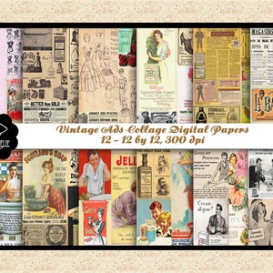 Papéis digitais de colagem de anúncios retrô em cores vintage, anos 1950, 1920, domínio público CC0, papéis digitais de anúncios vintage, meados do século moderno, comercial OK