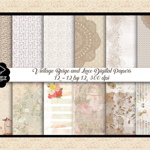 SALE 99 CENTS Vintage Beige & Lace Digital Papers, Rustic Shabby Chic Papers, Distressed, Handwriting, Lace and Ecru, Off White, Farmhouse