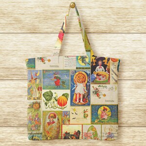 Puede incluir: Una bolsa de tela reutilizable con un dise&ntilde;o de patchwork que presenta postales vintage de Halloween. Las postales representan varios temas de Halloween, incluyendo brujas, calabazas y gatos. La bolsa est&aacute; hecha de una tela duradera y tiene un asa resistente.